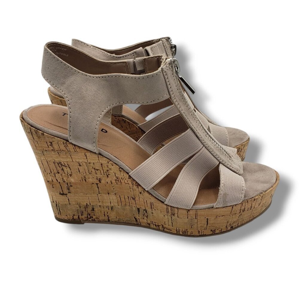 Torrid Stretch‎ Front Zip Wedge Sandals Womens 6WW Taupe Cage